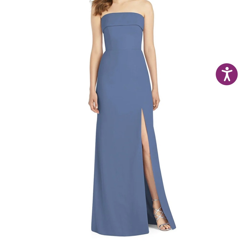 Strapless Side-Slit Evening Gown in Larskspur Blue dusty Dessy Bella Bridesmaid